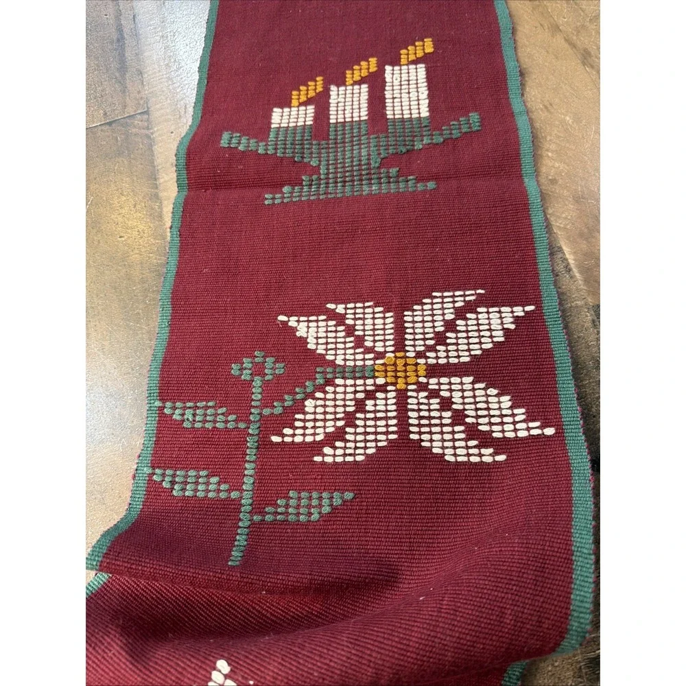 Vintage Christmas Woven Folk Art Table Runner Red‎ Green Poinsettia Candle 9x74